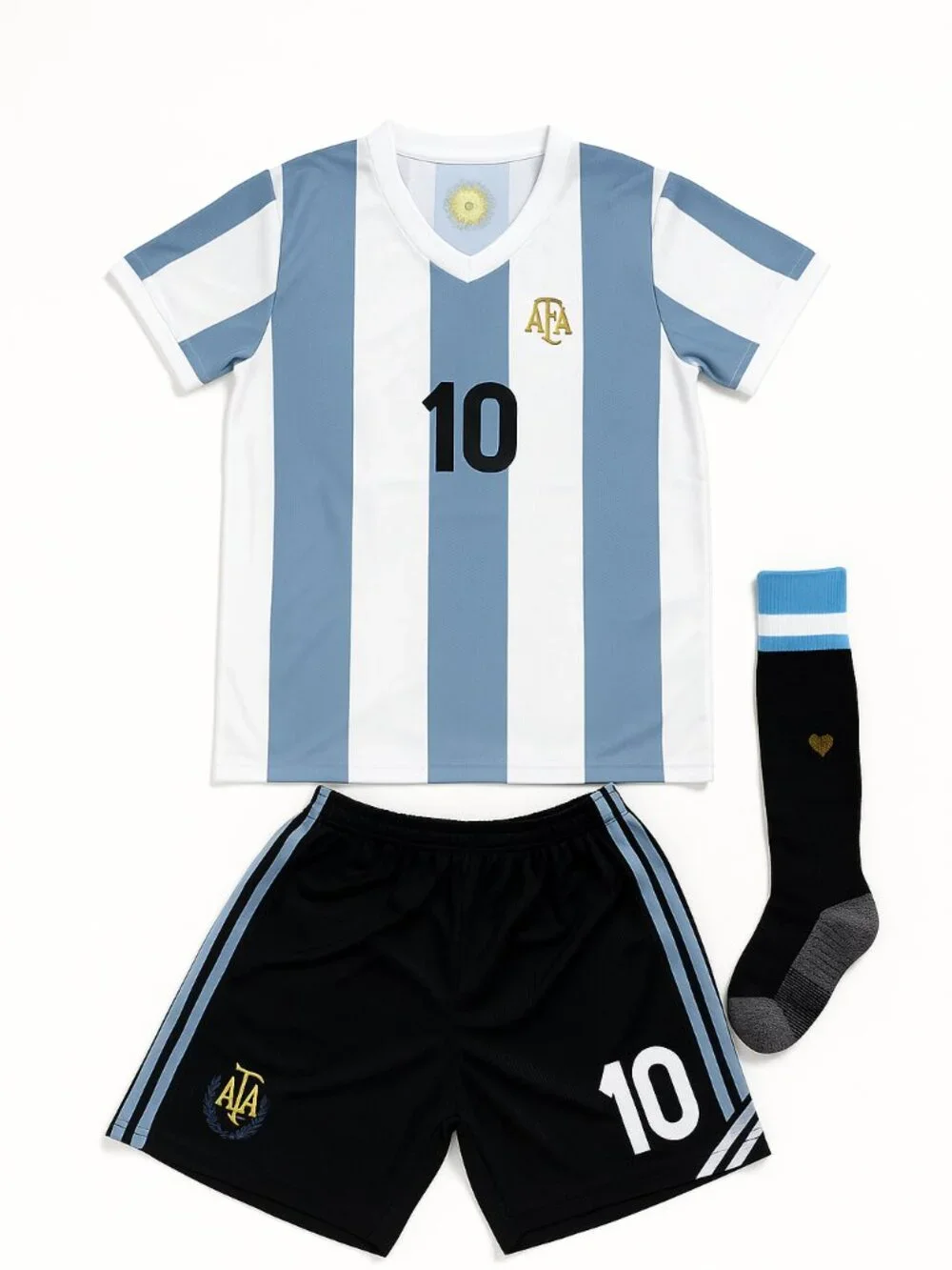 Argentina Team Youth Soccer Jersey Set, White and Light Blue Striped #10 Jersey,